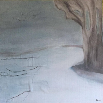 Bäume 02, Leinwand, Acryl, Organza, genäht, 80cm x 80cm